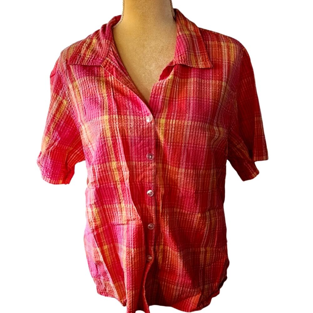 Erika Pink Yellow Plaid Button Down Shirt 90s XL